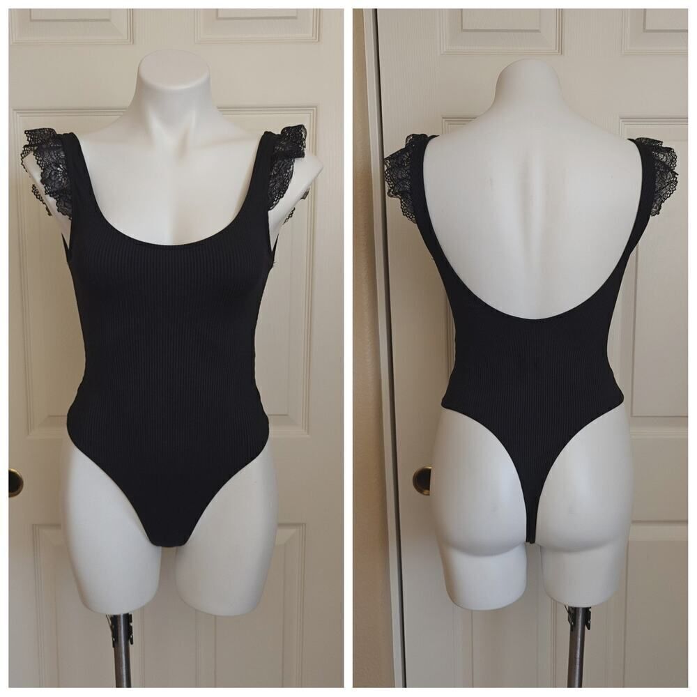 Bershka open back cap lace ribbed thong bodysuit sz XS